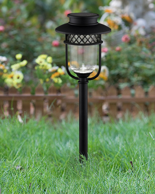 Solar garden lights are made from Black Stainless Steel and Glass Lenses.