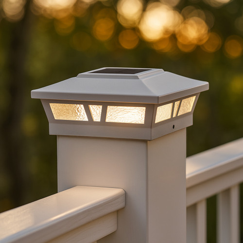 Solar post cap lights have a White satin finish, and are constructed of powder coated cast aluminum and glass.