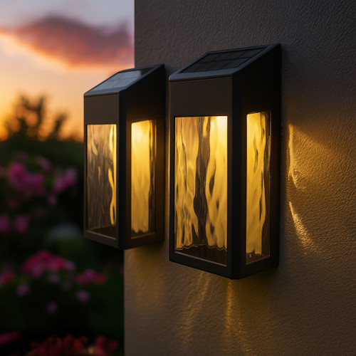 Black solar wall and deck lights have an ocean wave glass design that casts beautiful light at night.