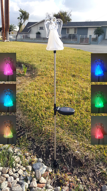 Angel color changing solar stake lights are made from clear acrylic and stainless steel, with a Height of 35.5 Inches.