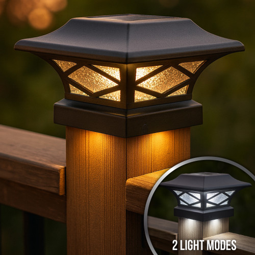 Black solar cap lights will add lighting to your deck with Warm White or Cool White LED shing outward toward the railing and downward toward the posts.