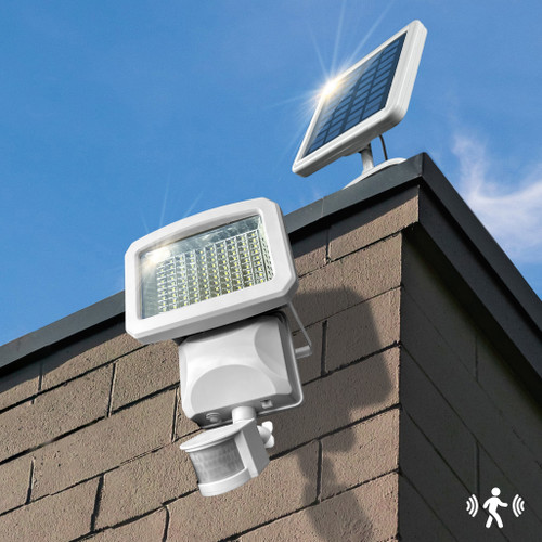 Solar motion sensor light includes wall mount hardware, and has a separate solar panel with a 16 foot cable to install in full sun.
