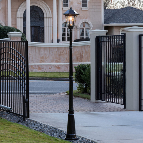 Solar pole yard light is available in a powder coated Black Finish, and stands 96 inches high, including the solar carriage lantern.