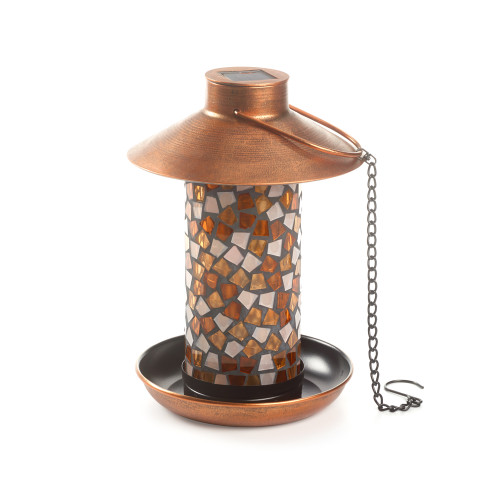 A solar light bird feeder, made from Copper Metal with a Mosaic Glass effect, will bring the birds flocking to your home day and night. A solar light bird feeder, made from Copper Metal with a Mosaic Glass effect, will bring the birds flocking to your home day and night.
