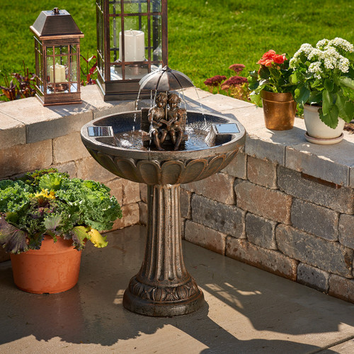 The Umbrella solar fountain with battery backup has a whimsical and charming 2-Tier design, with an elegant Aged Bronze finish.