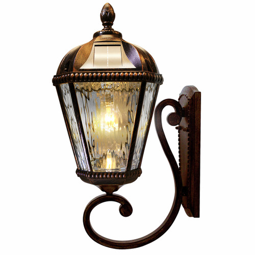 Wall mount solar carriage light is a Tuscan designed lantern, made from powder coated cast aluminum and glass lenses, with a Warm White LED.