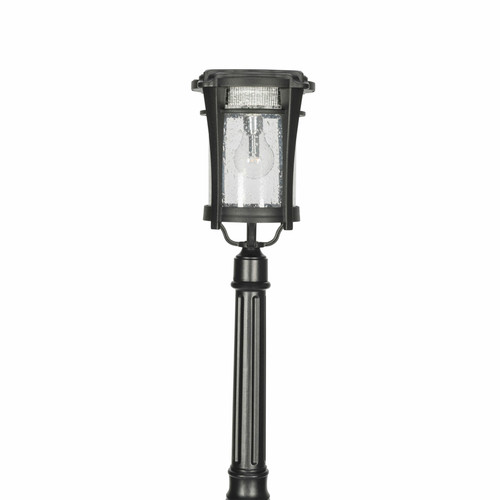 Black solar pole yard light, with a total height of 72 inches, includes a modern design solar coach lantern, measured at 8 inches x 8 inches x 13 inches high., including the 3 inch pole.