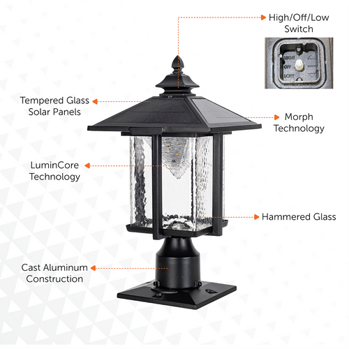 Casita solar carriage light has all of the newest technology incorporated, including morph solar panels and LuminCore LED technology