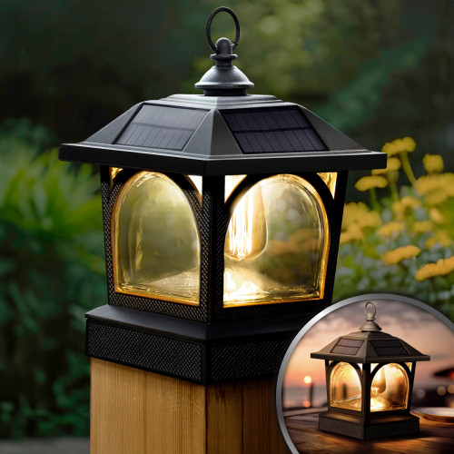 Solar post cap light, with a solar carriage lantern, will fit a 5x5, 5.25x5.25, 5.5x5.5 or a 6x6 post, and includes 3000K Warm White LED and 5000K Cool White LED for you to choose from.