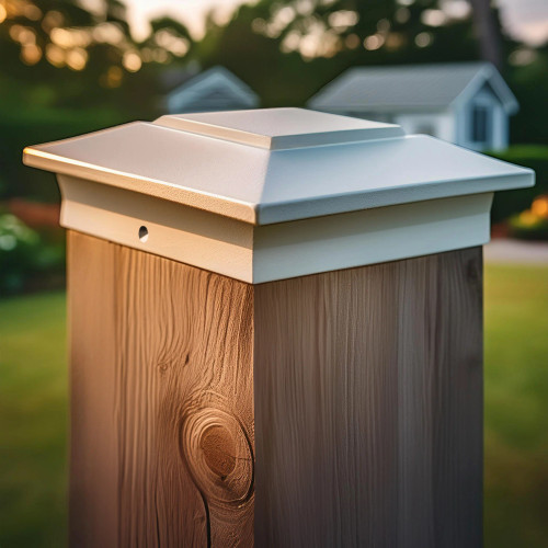 Aluminum deck and fence post caps are made from powder coated cast aluminum, with a White satin finish.