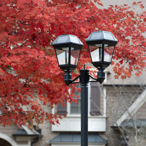 Commercial solar post light has double solar coach lanterns which emit 600 lumens of light output for up to 6 nights. NOTE: Pole is not included with this solar post light.