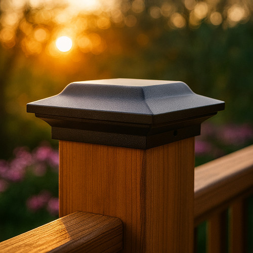 Aluminum post caps are made from powder coated cast aluminum, with a Black finish.