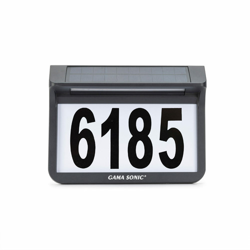 Solar powered address light is made from weather resistant powder coated cast aluminum, with a Black finish, and includes hardware for ground or wall installation. 