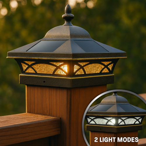 Solar deck post lights, with a sleek Antique Bronze finish, were inspired by British architecture.