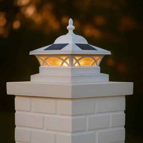 White 8x8 nominal wood solar cap lights can be installed onto your 7.5x7.5 deck posts, or onto your flat mount columns and pedestals using the included hardware.