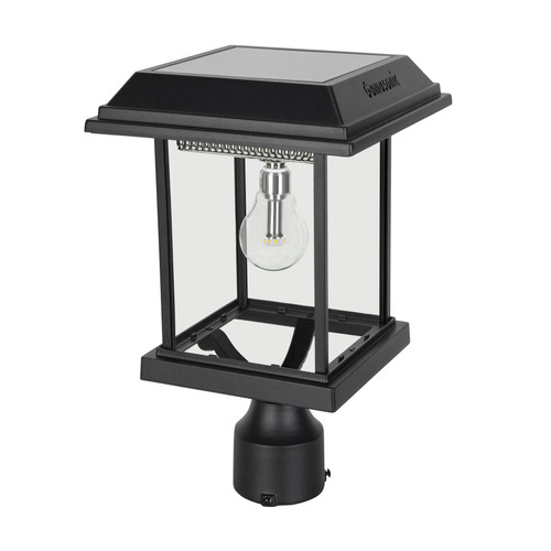Solar coach lantern has a 3 inch fitter pole, and is made from powder coated cast aluminum, with clear glass lenses.