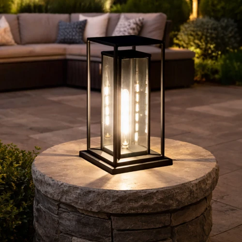 Outdoor solar table lantern has an open frame modern design, with an Edison solar light bub, and is made from cast aluminum.