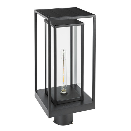Modern solar post light lantern has an open frame design, with an Edison solar light bub, and is made from cast aluminum.