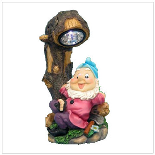 Solar Garden Lights Gnome Resting Under Tree With LED Spot Light.