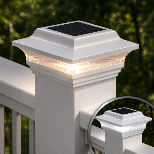 Solar post cap lights, made from powder coated cast aluminum,  fit a nominal wood 3.5x3.5 post, or an actual vinyl, wood or PVC 4x4 fence post.