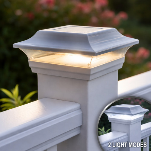 5x5 solar post cap lights have a low profile design, and a dual color mode, with 3000K Warm White and 5000K Cool White LED integrated into the solar light fixture.