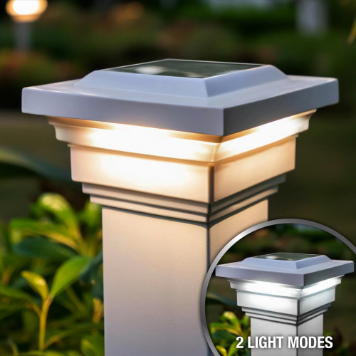 Solar deck post cap lights, with a powder coated White finish and Low Profile design, cast the solar lighting downward toward the posts and deck flooring.