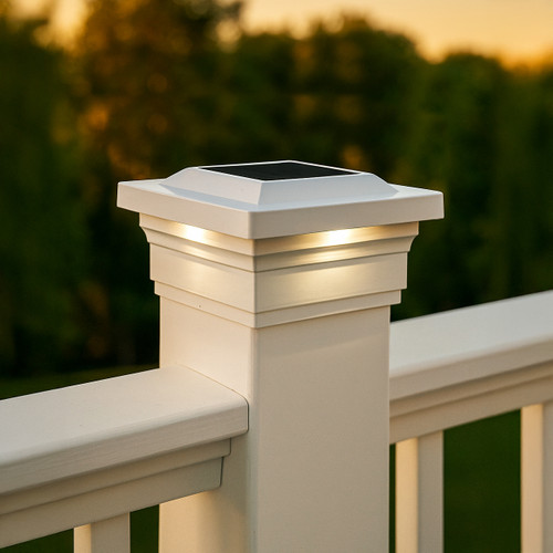 5x5 solar deck post caps lights have a White finish, and an elegant low profile design for adding curb appeal to your home.