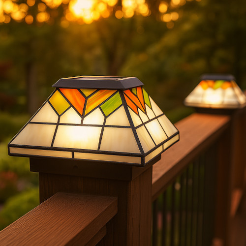 Stained Glass Solar Deck Post Lights are hand crafted from real stained glass, and come in a Set of 2.