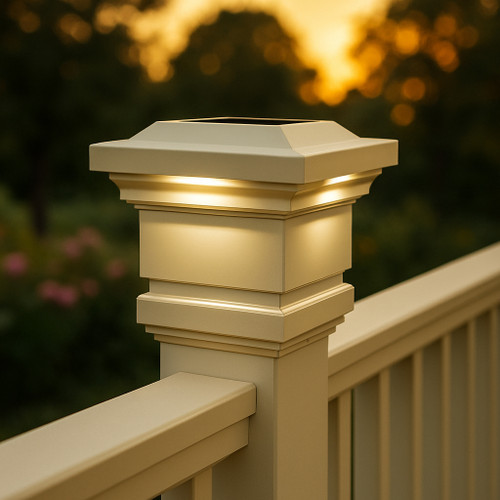 4x4 solar deck post cap lights have a high profile design, with light that cascades down the solar light fixture and post toward the deck flooring.