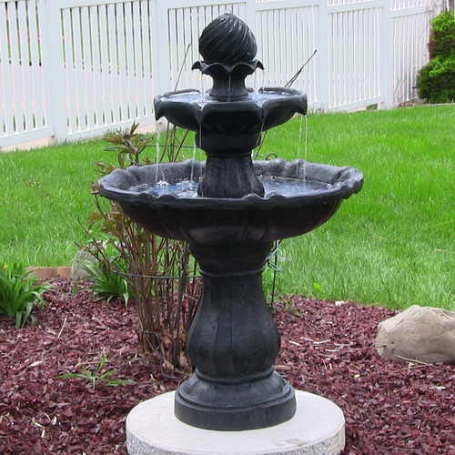 This solar water fountain with battery backup is available in a Black Finish.