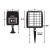 Commercial solar spotlight is 8 inches wide by 9 inches high and the solar panel is 11 inches wide by 11.25 inches high. The ground stake is 9 inches high, and the flat mount stake is 5 inches high.