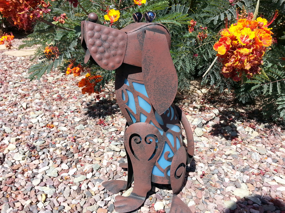 Dog Solar Statue Metal Yard Art 16" Animal Solar Garden Lights