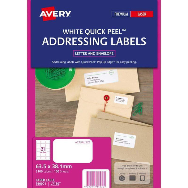 Avery Label L7160-100 Pop Up Quick Peel 63.5x38.1mm 100 Sheets