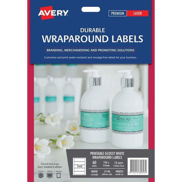 Avery Label L7146 Wrapround White Durable 5 Up 12 Sheets Laser 196x51mm
