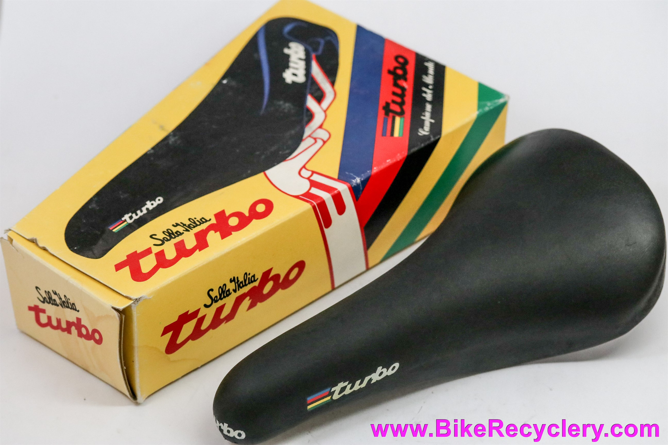 afstand Lelie Stuiteren NIB/NOS Selle Italia Turbo Saddle: 1986 - Black Buffalo Leather - White /  WCS Decals - Bike Recyclery