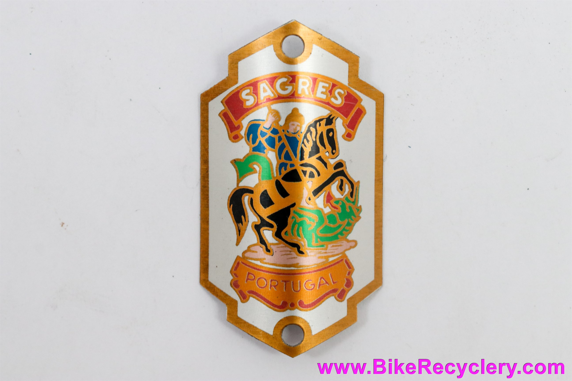 Sagres Portugal Head Badge: Knight on  Horse Slaying Dragon - White / Copper / Green / Red / Blue