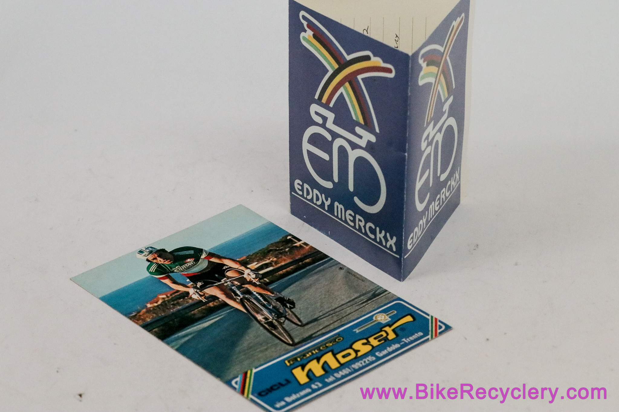 Eddy Merckx Pop Up Card + Francesco Moser Post Card: 1980's / 1990's Cycling Memorabilia