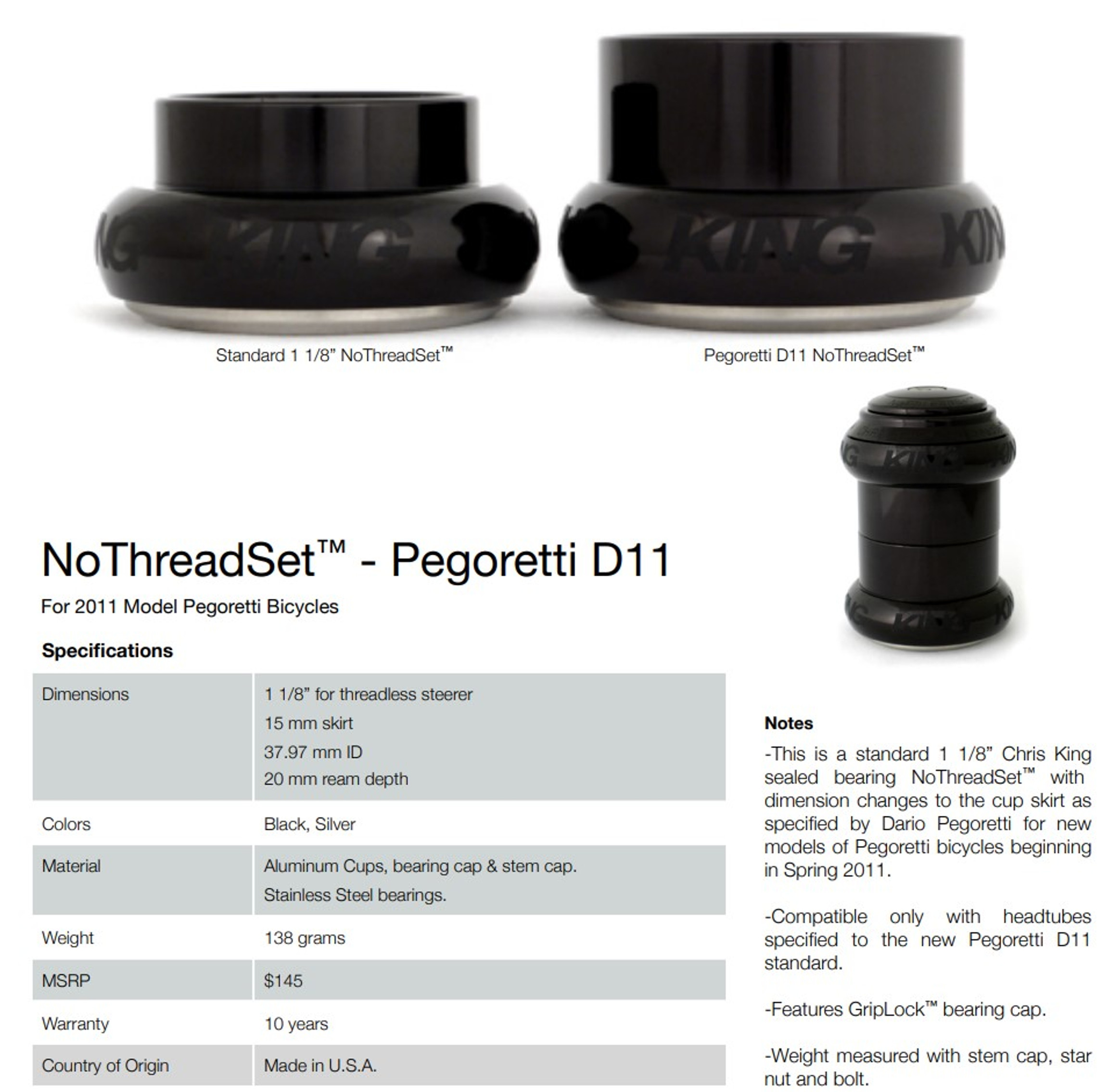 Chris King D11 NoThreadSet Headset: Pegoretti / Falz - 1 1/8" - Black Sotto Voce (Mint Low Miles)