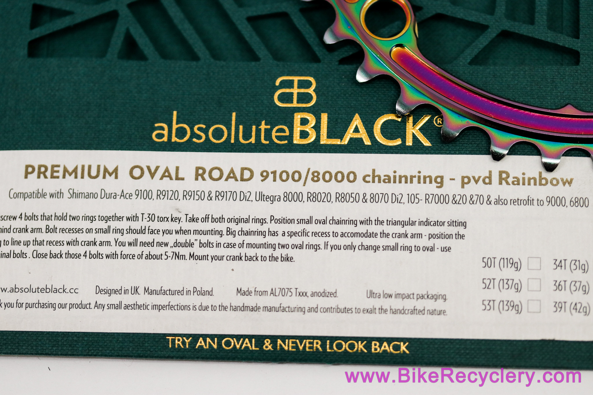 absoluteBLACK Premium Oval Chainring PVD Rainbow: 34t - Shimano Dura Ace 9100 & Ultegra 8000 (NEW)