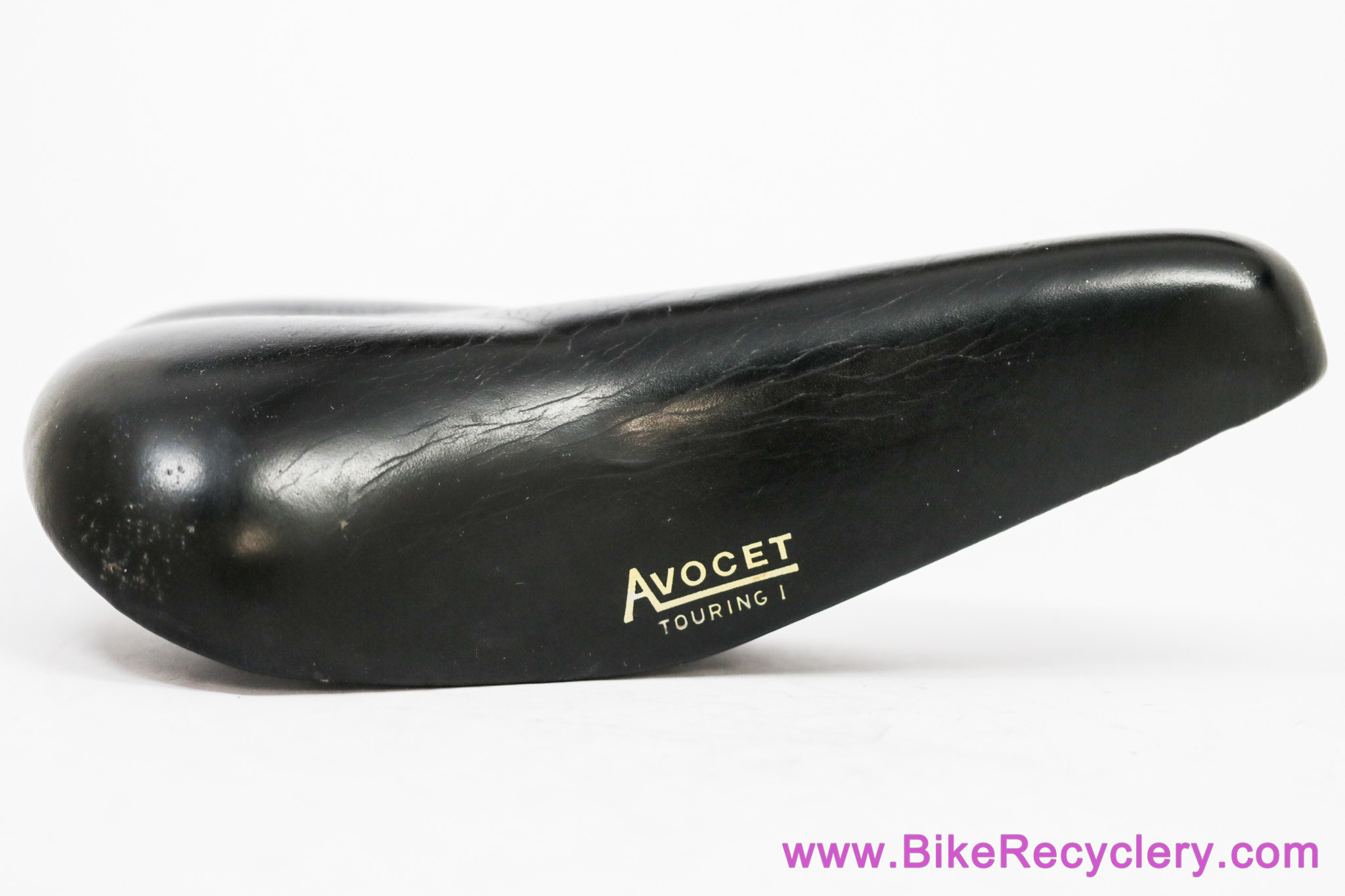 Avocet Touring l Leather Saddle: Black - 1970's/1980's - Black w/ Yellow Decals