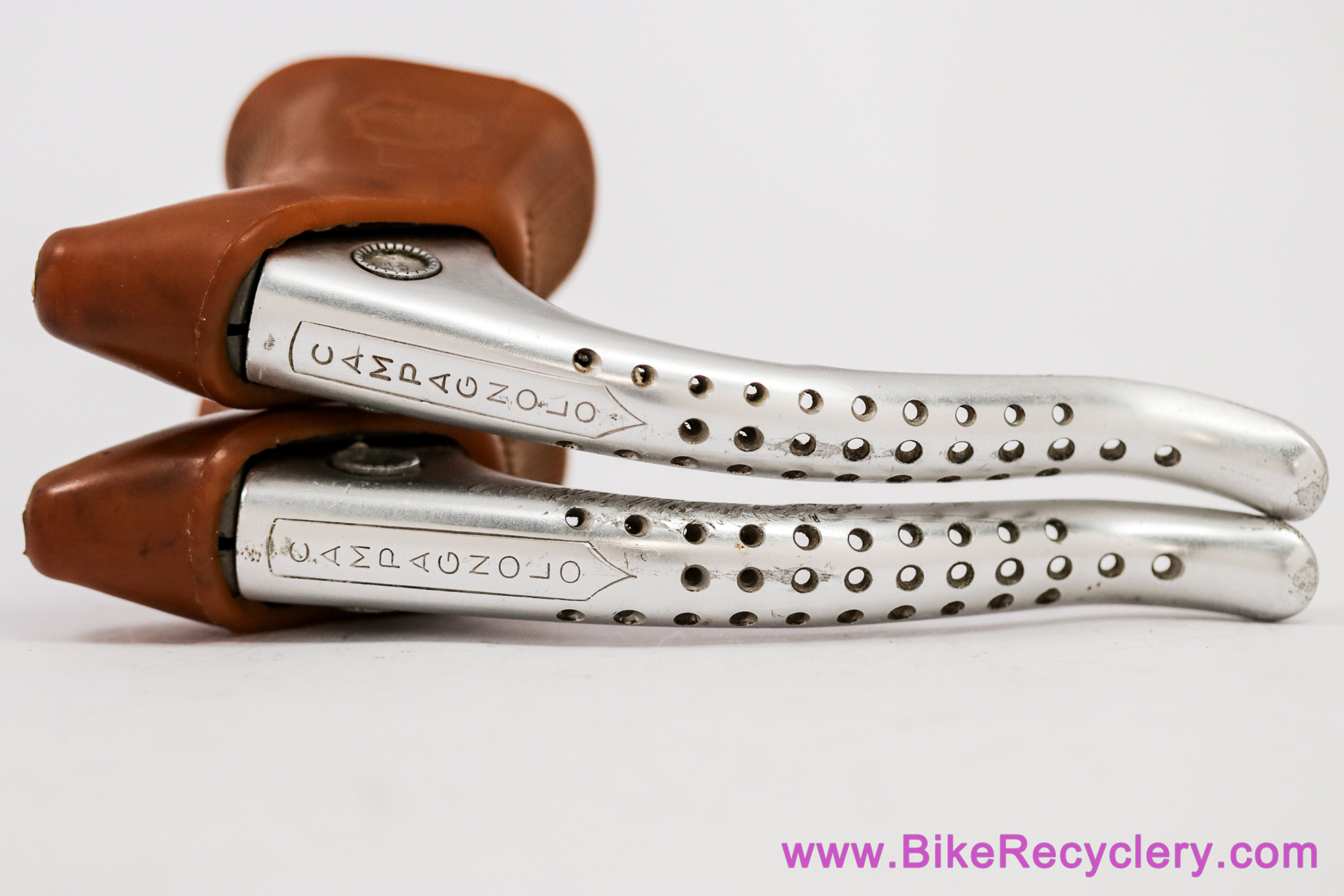 1st Gen Campagnolo "Super Record" Brake Levers:  Aftermarket Drillium Front/Back < Long Reach Early NR Levers > Brown Hoods (EXC++)