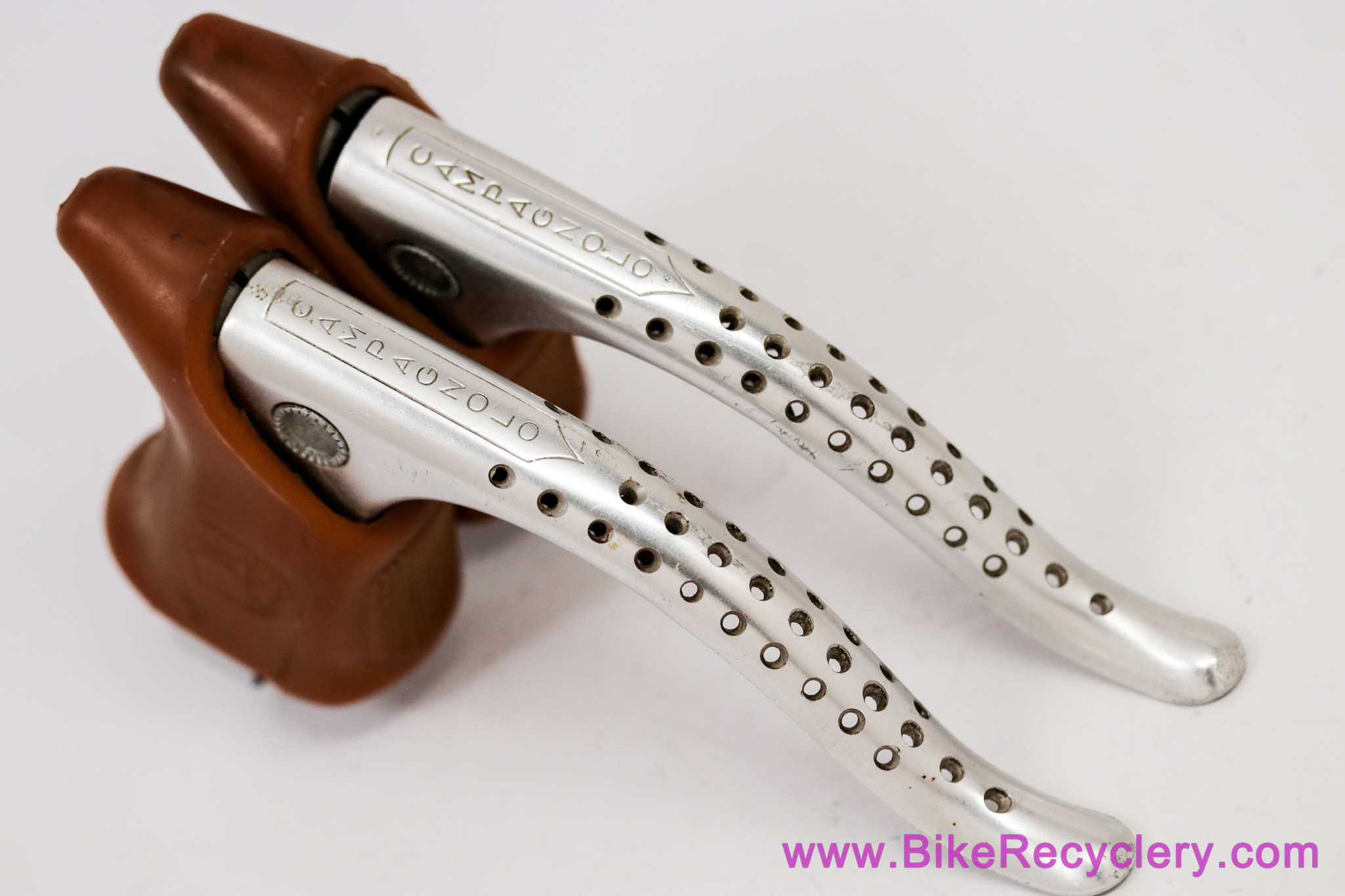 1st Gen Campagnolo "Super Record" Brake Levers:  Aftermarket Drillium Front/Back < Long Reach Early NR Levers > Brown Hoods (EXC++)