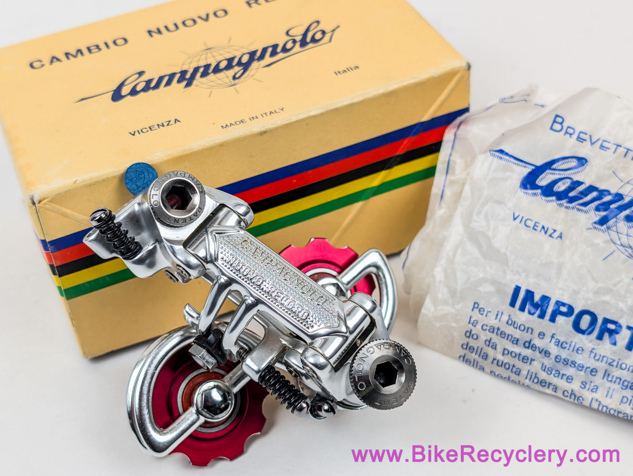 NIB/NOS Campagnolo Nuovo/Super Record Rear Derailleur: Ti Bolts - Bullseye Pulleys Red - Pat 1984