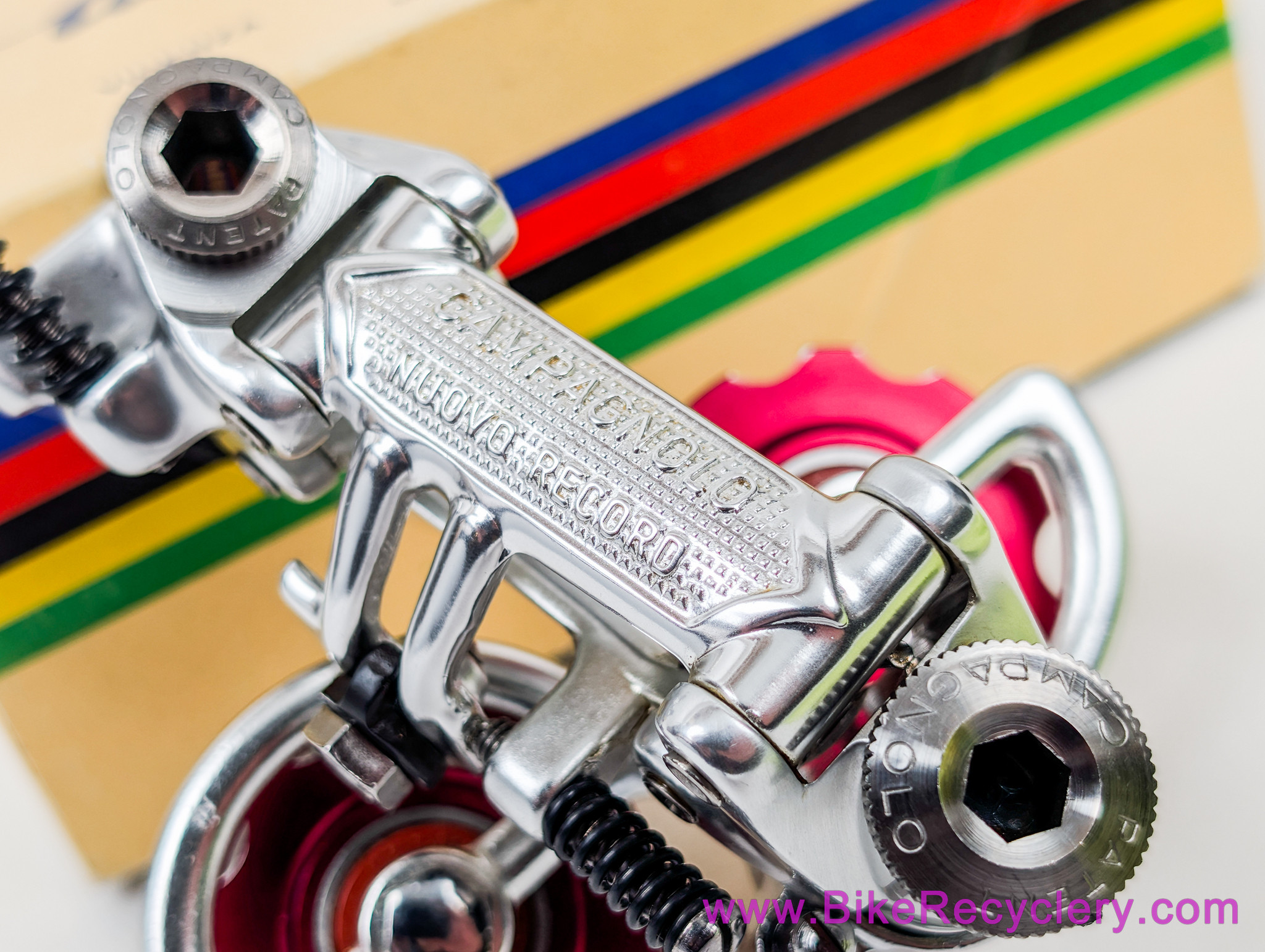 NIB/NOS Campagnolo Nuovo/Super Record Rear Derailleur: Ti Bolts - Bullseye Pulleys Red - Pat 1984