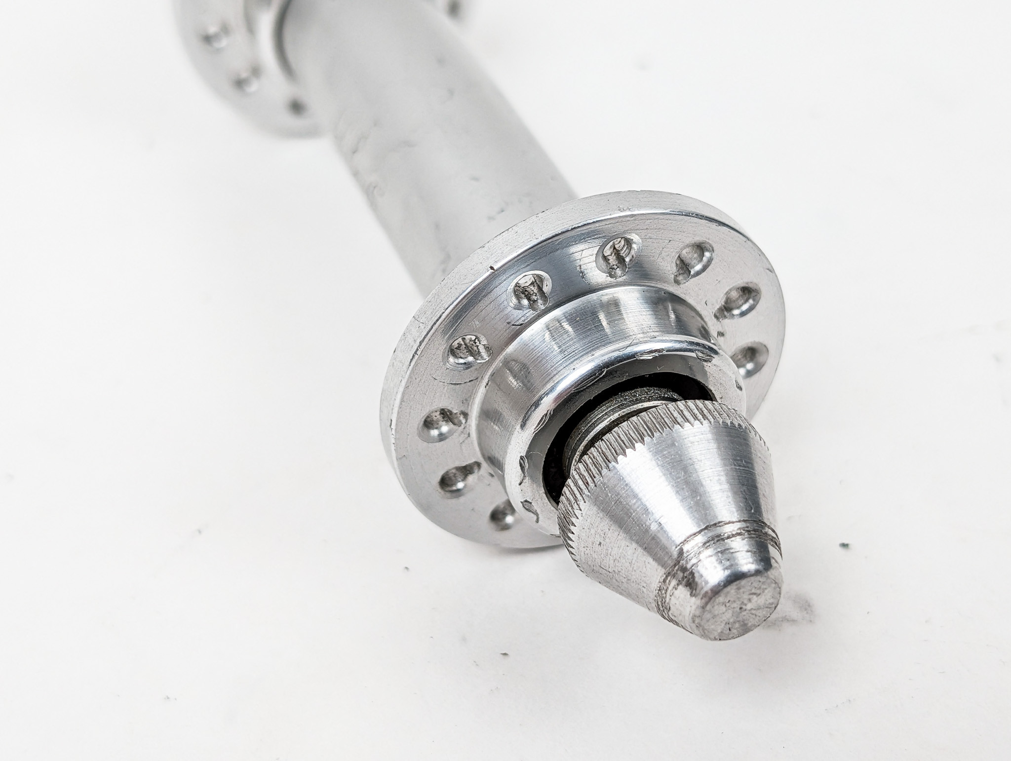 Hi-E Front Hub & QR Skewer: Low Flange - 24H Bladed - Silver - Engraved Logo (Near Mint Perfect Bearings)