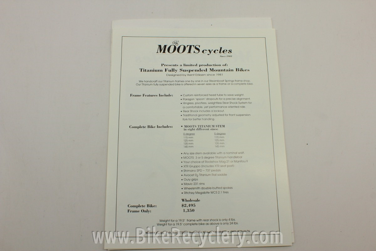 1990's Moots Cycles Catalog Rare! Bike Recyclery