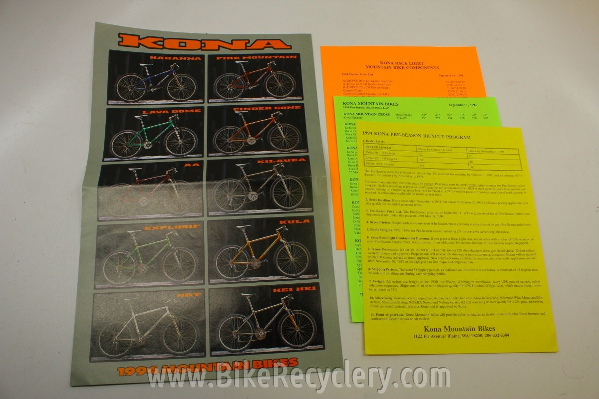 1994 Kona Bikes Catalog / Poster! Sex One, Cinder Cone, etc 17x10