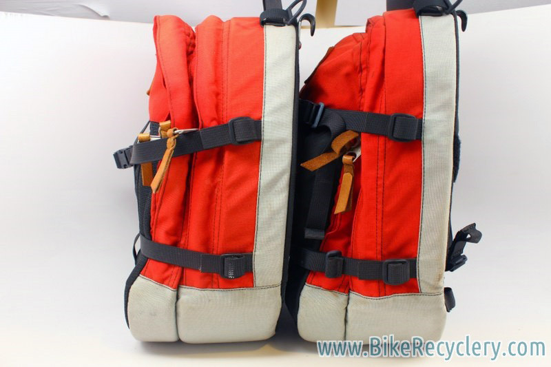Vintage Robert Beckman Panniers: Red/Black, 5-Hook & Strap System, Rain Covers, Used (pair)