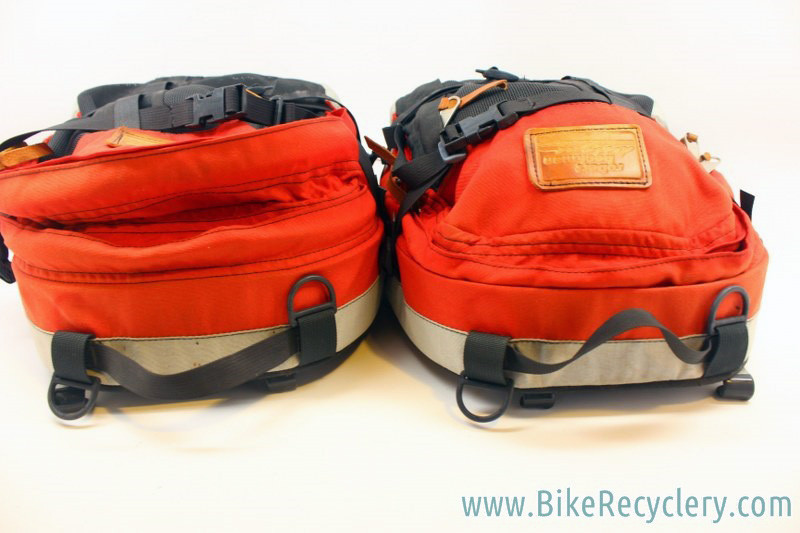 Vintage Robert Beckman Panniers: Red/Black, 5-Hook & Strap System, Rain Covers, Used (pair)