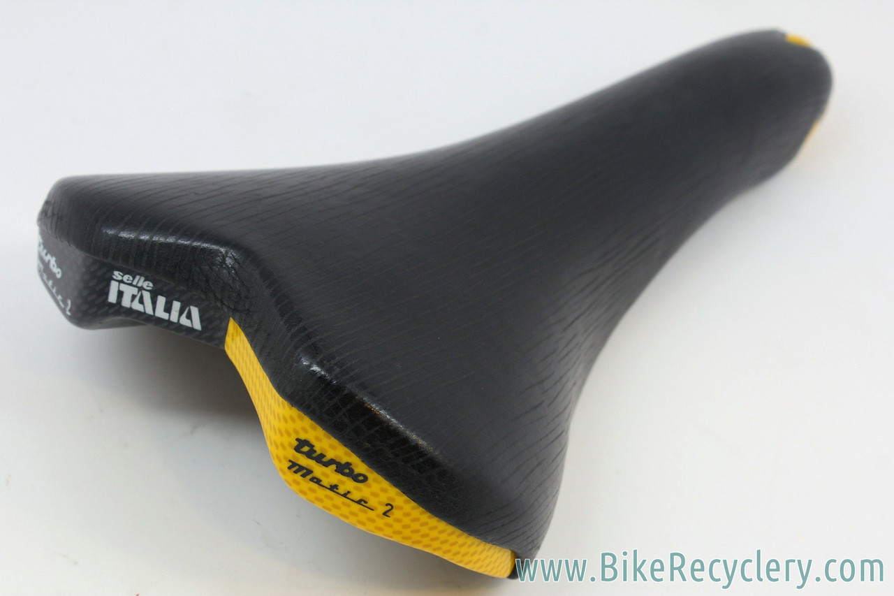NOS Selle Italia Turbomatic 2 Saddle: 1990's - Black Textured Leather -  Yellow/Black Carbon - Rare - Bike Recyclery
